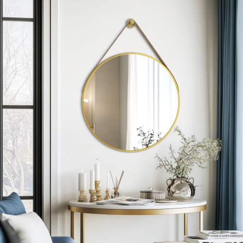 Artloge 24 Inch Round Wall Mirror wiith Black Aluminium Frame and Leather Strap for Bathroom Living Room Bedroom