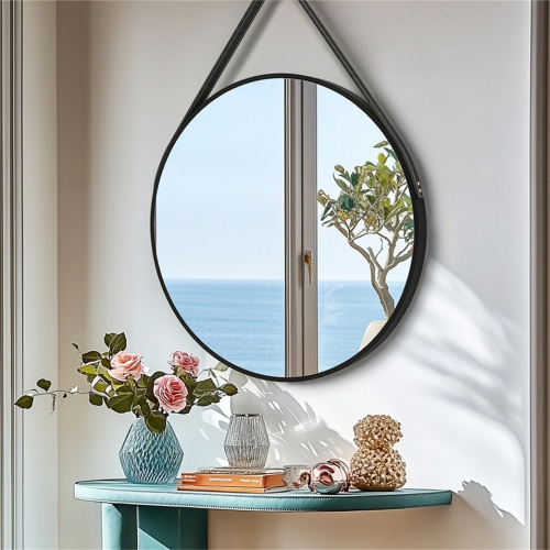 Artloge 24 Inch Round Wall Mirror wiith Black Aluminium Frame and Leather Strap for Bathroom Living Room Bedroom