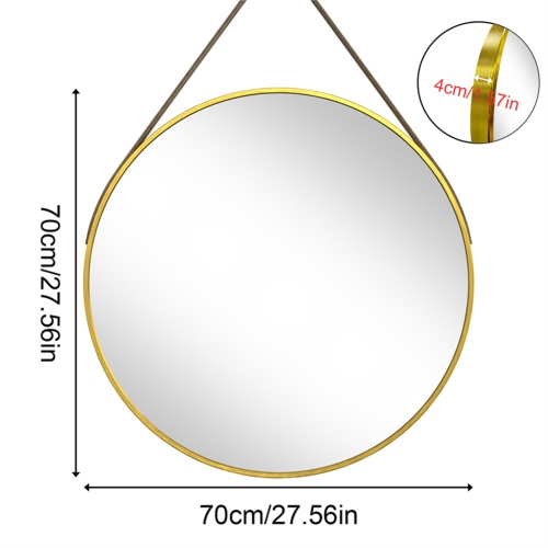 Artloge 28 Inch Round Wall Mirror wiith Gold Aluminium Frame and Leather Strap for Bathroom Living Room Bedroom
