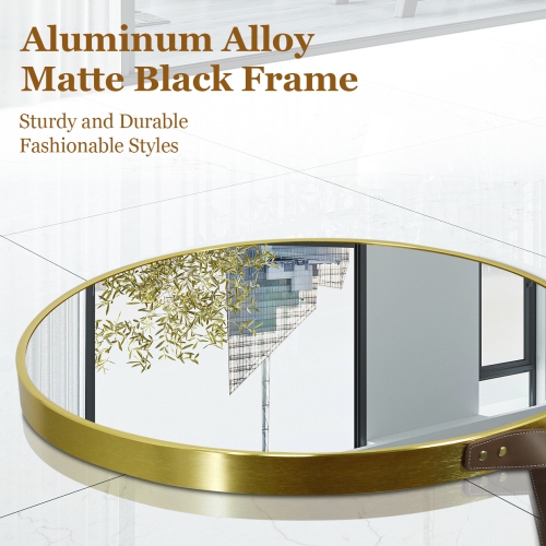 Artloge 28 Inch Round Wall Mirror wiith Gold Aluminium Frame and Leather Strap for Bathroom Living Room Bedroom