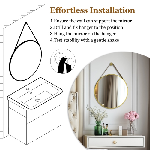 Artloge 28 Inch Round Wall Mirror wiith Gold Aluminium Frame and Leather Strap for Bathroom Living Room Bedroom