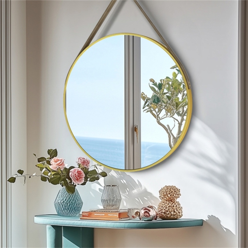 Artloge 32 Inch Round Wall Mirror wiith Gold Aluminium Frame and Leather Strap for Bathroom Living Room Bedroom