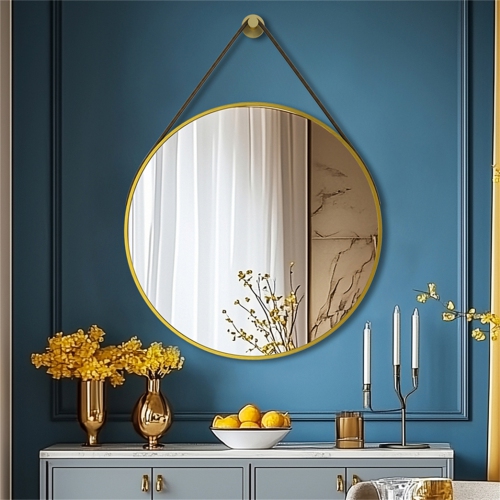 Artloge 32 Inch Round Wall Mirror wiith Gold Aluminium Frame and Leather Strap for Bathroom Living Room Bedroom