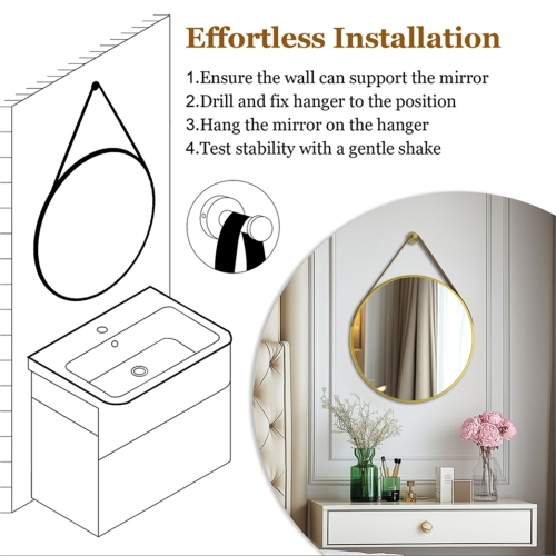 Artloge 32 Inch Round Wall Mirror wiith Gold Aluminium Frame and Leather Strap for Bathroom Living Room Bedroom