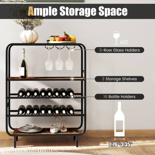 Gymax 16 Bottle Wine Rack w/ Glass Holders Metal Frame Storage Shelf for Kitchen