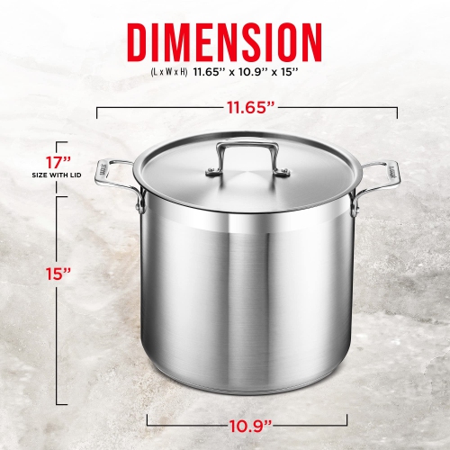 Stockpot – 16 Quart – Brushed Stainless Steel – Heavy Duty Induction Pot with Lid and Riveted Handles – For Soup, Seafood, Stock, Canning and for