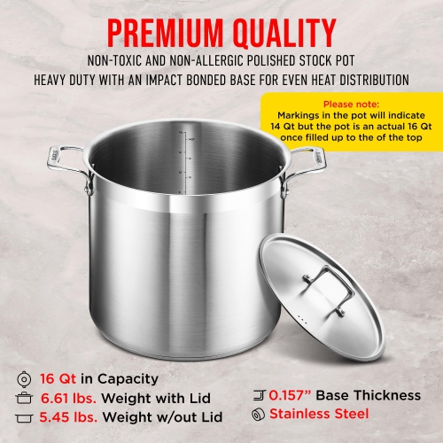 Stockpot – 16 Quart – Brushed Stainless Steel – Heavy Duty Induction Pot with Lid and Riveted Handles – For Soup, Seafood, Stock, Canning and for