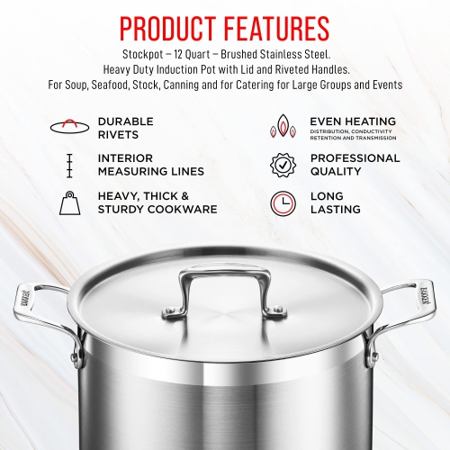 Stockpot – 12 Quart – Brushed Stainless Steel – Heavy Duty Induction Pot with Lid and Riveted Handles – For Soup, Seafood, Stock, Canning and for