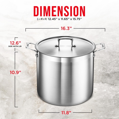 Stockpot – 20 Quart – Brushed Stainless Steel – Heavy Duty Induction Pot with Lid and Riveted Handles – For Soup, Seafood, Stock, Canning and for