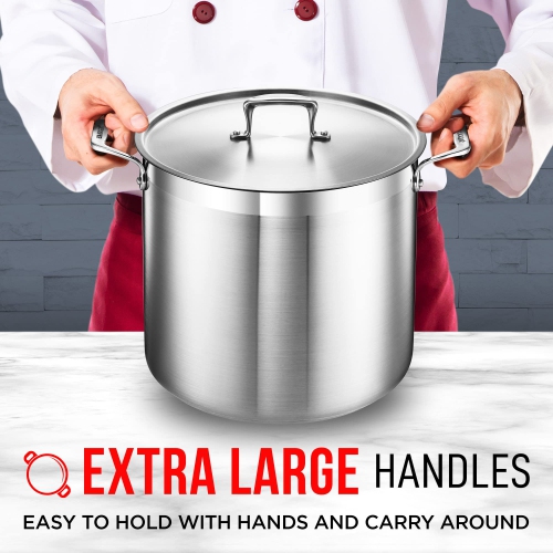 Stockpot – 20 Quart – Brushed Stainless Steel – Heavy Duty Induction Pot with Lid and Riveted Handles – For Soup, Seafood, Stock, Canning and for