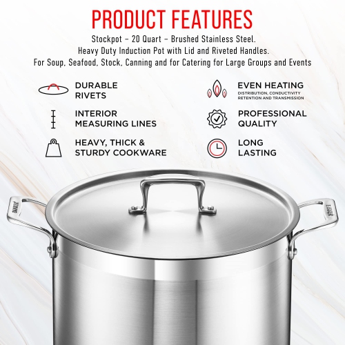Stockpot – 20 Quart – Brushed Stainless Steel – Heavy Duty Induction Pot with Lid and Riveted Handles – For Soup, Seafood, Stock, Canning and for