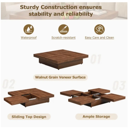 Table basse carrée moderne – Placage noyer avec dessus coulissant, 39,4 po