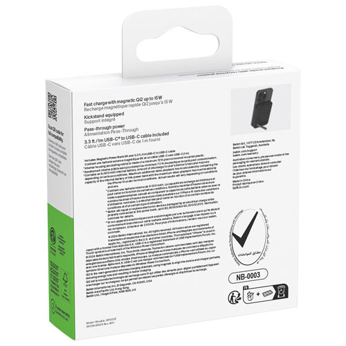 Chargeur portable magnétique de 8000 mAh BoostCharge Pro de Belkin avec chargeur Qi2 de 15 W et câble - Noir