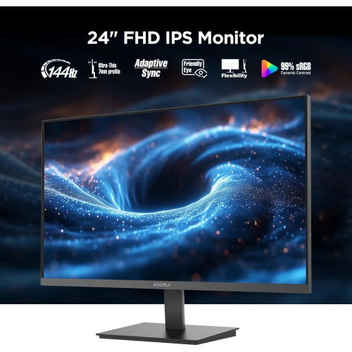 KOORUI E2411K 24" 1920 x 1080 FHD 144Hz Gaming Monitor, IPS Panel, Adaptive Sync, 5ms, VESA 100x100mm, Eye Care, HDMI, VGA