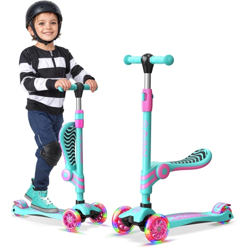 3-Wheel Kids Scooter with Seat – Adjustable Handlebar & Seat, LED Light-Up PU Wheels, Anti-Slip Deck, Rear Brake – Fun Outdoor Ride for Toddlers Age