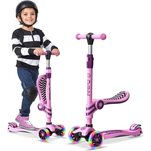 3-Wheel Kids Scooter with Seat – Adjustable Handlebar & Seat, LED Light-Up PU Wheels, Anti-Slip Deck, Rear Brake – Fun Outdoor Ride for Toddlers Age