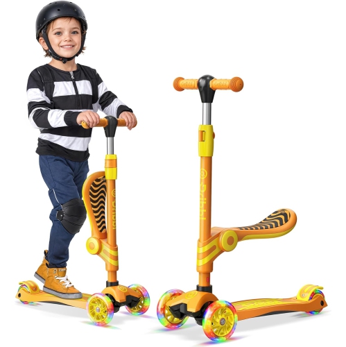 3-Wheel Kids Scooter with Seat – Adjustable Handlebar & Seat, LED Light-Up PU Wheels, Anti-Slip Deck, Rear Brake – Fun Outdoor Ride for Toddlers Age