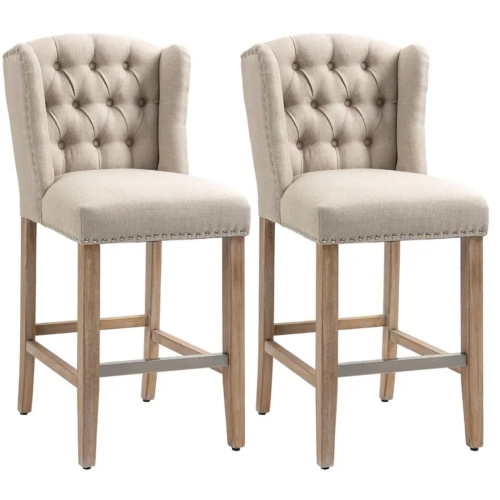 Set of 2 Bar Stools – Upholstered Counter Height Chairs with Solid Wood Legs