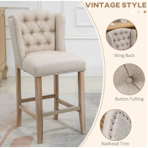 Set of 2 Bar Stools – Upholstered Counter Height Chairs with Solid Wood Legs