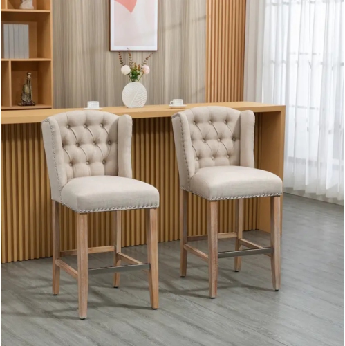 Set of 2 Bar Stools – Upholstered Counter Height Chairs with Solid Wood Legs