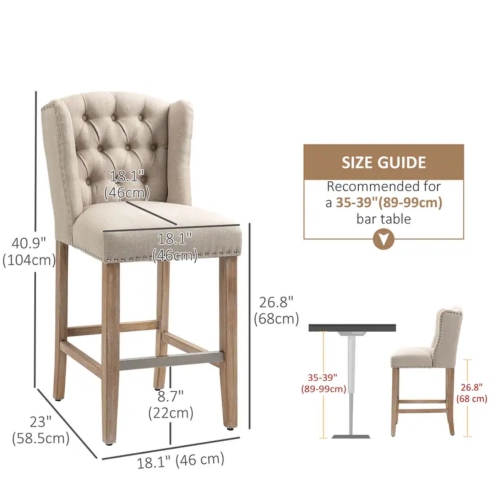 Set of 2 Bar Stools – Upholstered Counter Height Chairs with Solid Wood Legs