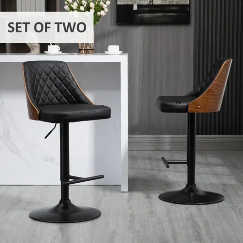 Tabourets de bar pivotants réglables avec dossier et repose-pieds – Cuir PU, hauteur de comptoir et de bar, rotation à 360°, dossier en bois massif