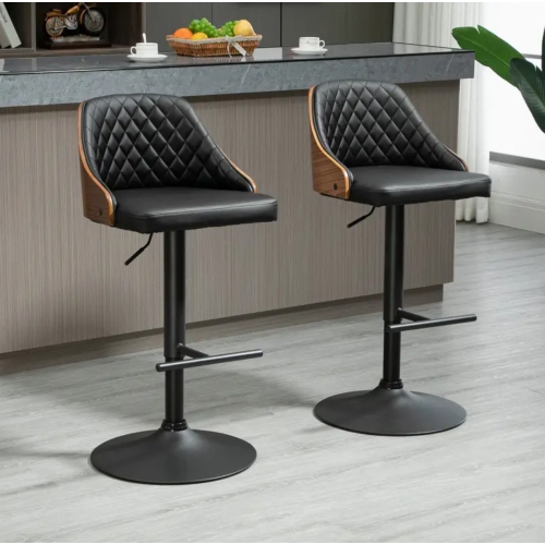 Tabourets de bar pivotants réglables avec dossier et repose-pieds – Cuir PU, hauteur de comptoir et de bar, rotation à 360°, dossier en bois massif