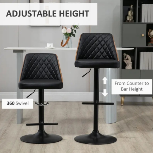 Tabourets de bar pivotants réglables avec dossier et repose-pieds – Cuir PU, hauteur de comptoir et de bar, rotation à 360°, dossier en bois massif