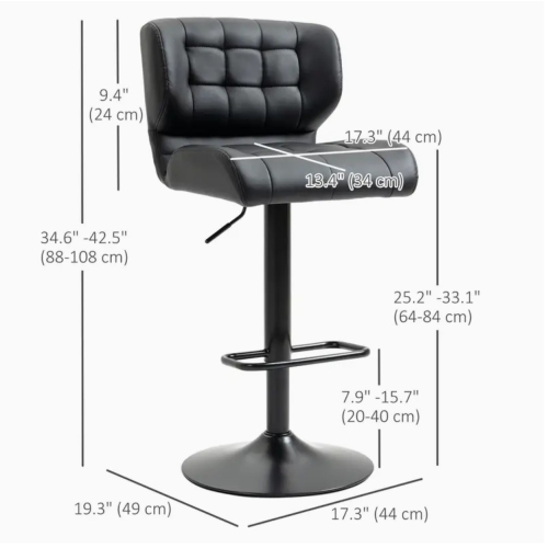 Modern Set of 2 Adjustable Faux Leather Bar Stools with Tufted Back