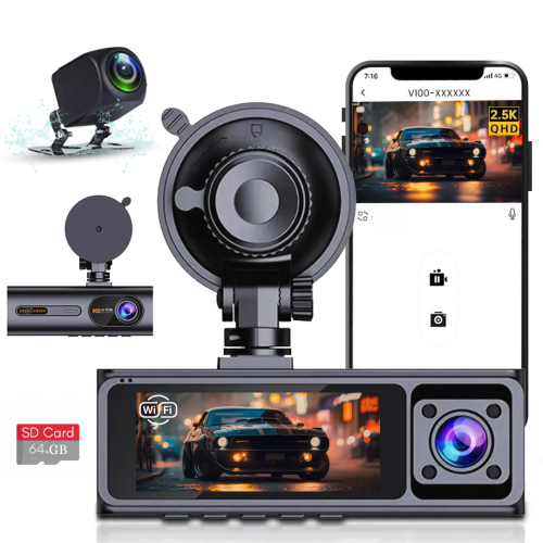 LDAS Dash Cam 3 Channel,FHD 2.5k Dash Camera with 64Gb SD Card, Dual Lens with Super Night Vision, Loop Recording, G-Sensor, Parking Monitor, APP