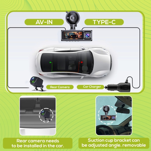 LDAS Dash Cam 3 Channel,FHD 2.5k Dash Camera with 64Gb SD Card, Dual Lens with Super Night Vision, Loop Recording, G-Sensor, Parking Monitor, APP