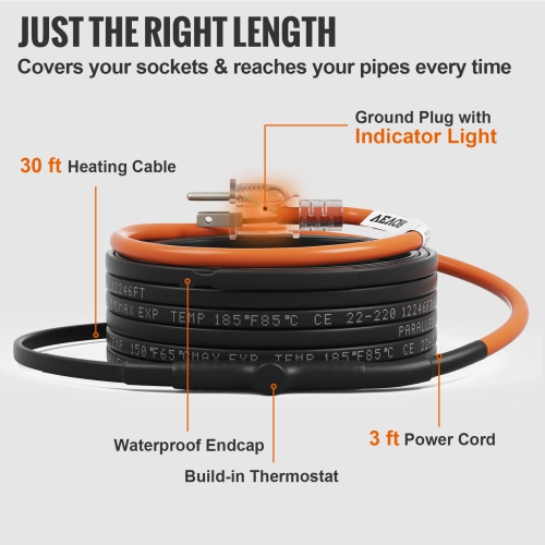 VEVOR 30-feet 5W/ft Self-Regulating Pipe Heating Cable, Heat Tape for Pipes Freeze Protection, Protects PVC Hose, Metal and Plastic Pipe from