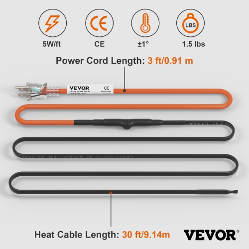 VEVOR 30-feet 5W/ft Self-Regulating Pipe Heating Cable, Heat Tape for Pipes Freeze Protection, Protects PVC Hose, Metal and Plastic Pipe from