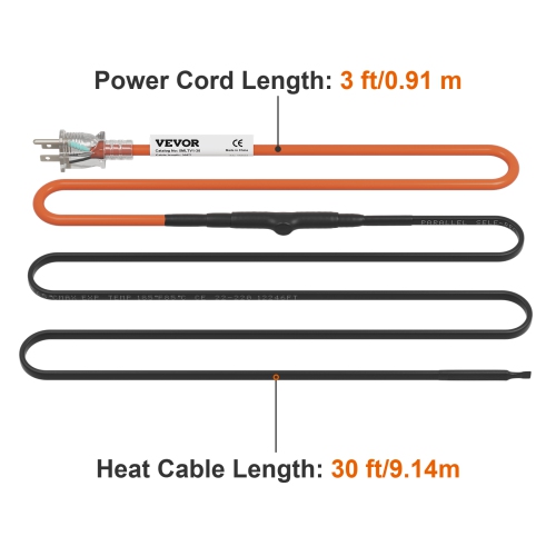 VEVOR 30-feet 5W/ft Self-Regulating Pipe Heating Cable, Heat Tape for Pipes Freeze Protection, Protects PVC Hose, Metal and Plastic Pipe from