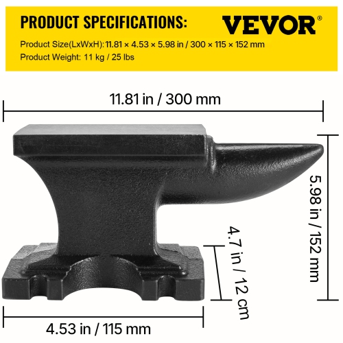 VEVOR 25 Lbs(11kg) Cast Iron Anvil, Single Horn Anvil with 6.8 x 3.5 inch Countertop and Stable Base, High Hardness Rugged Round Horn Anvil