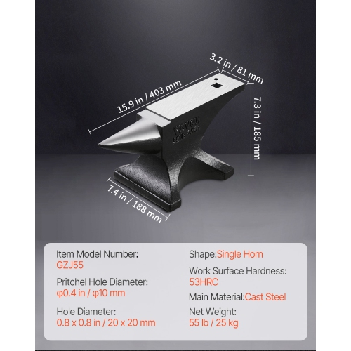 VEVOR 55lbs Single Horn Anvil, Cast Steel Anvil, High Hardness Rugged Round Horn Anvil for Blacksmiths, with Large Countertop and Stable Base, Metal