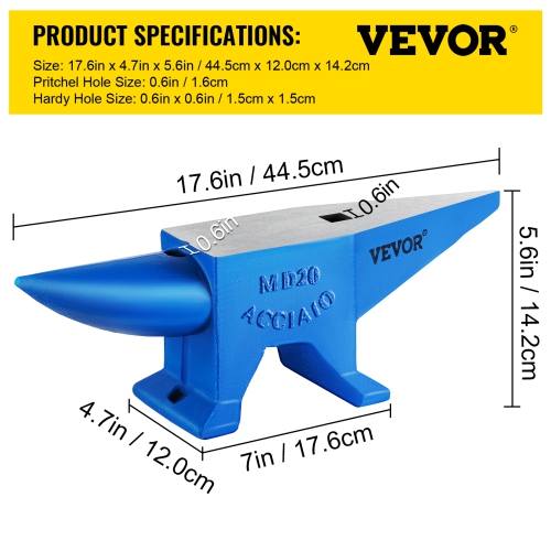 VEVOR 44Lbs Single Horn Anvil Steel Anvil Blacksmith for Sale Forge Tools and Equipment Anvil Rugged Round and Square Hole Horn Anvil Blacksmith