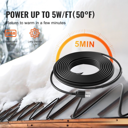 VEVOR 12FT 5W/FT Self-Regulating Pipe Heating Cable, Heat Tape for Pipes, Roof Snow Melting De-icing, Gutter and Pipe Freeze Protection
