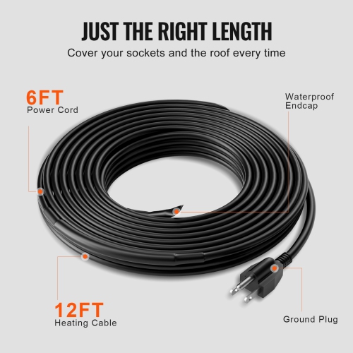VEVOR 12FT 5W/FT Self-Regulating Pipe Heating Cable, Heat Tape for Pipes, Roof Snow Melting De-icing, Gutter and Pipe Freeze Protection