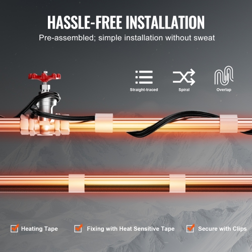 VEVOR 12FT 5W/FT Self-Regulating Pipe Heating Cable, Heat Tape for Pipes, Roof Snow Melting De-icing, Gutter and Pipe Freeze Protection