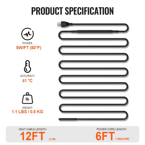 VEVOR 12FT 5W/FT Self-Regulating Pipe Heating Cable, Heat Tape for Pipes, Roof Snow Melting De-icing, Gutter and Pipe Freeze Protection
