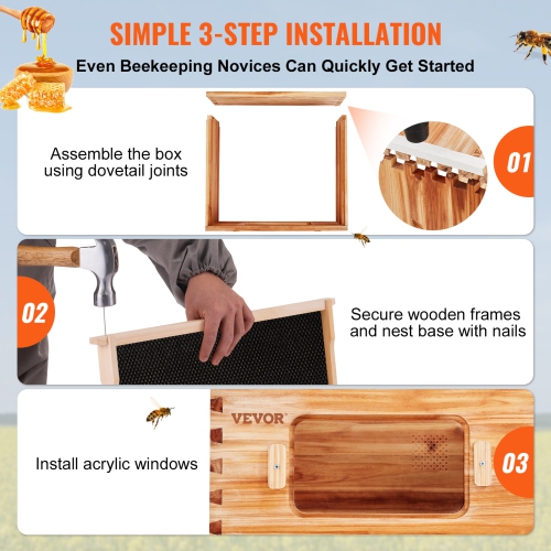 VEVOR 40 Frame Bee Hives Starter Kit, Beeswax Coated Fir Wood, 2 Deep + 2 Medium Bee Boxes Langstroth Beehive Kit, Transparent Acrylic Windows with