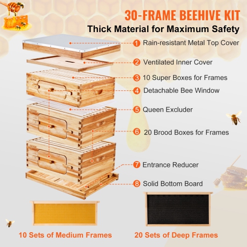 VEVOR 30 Frame Bee Hives Starter Kit, Beeswax Coated Fir Wood, 2 Deep + 1 Medium Bee Boxes Langstroth Beehive Kit, Transparent Acrylic Windows with