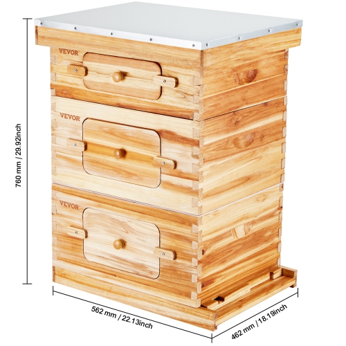VEVOR 30 Frame Bee Hives Starter Kit, Beeswax Coated Fir Wood, 2 Deep + 1 Medium Bee Boxes Langstroth Beehive Kit, Transparent Acrylic Windows with