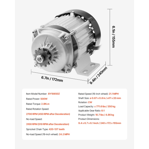 VEVOR 500W Electric Brushless DC Motor Kit - 48V 2700rpm Motor with Upgraded Speed Controller for Go Karts E-Bike Motorcycle Scooter