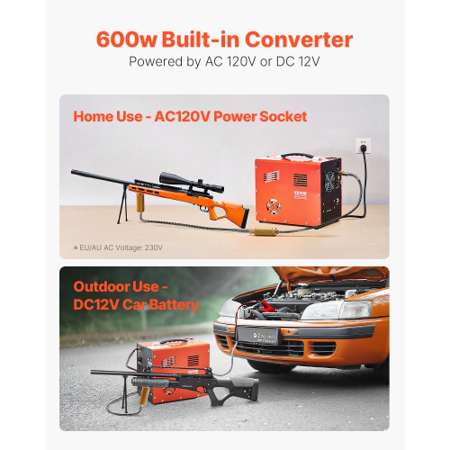 VEVOR 4500PSI/30Mpa PCP Air Compressor, Portable Compressor w/ Built-in Converter&Fan Cooling System, DC12V/AC120V Manual-Stop Air Rifle, Paintball