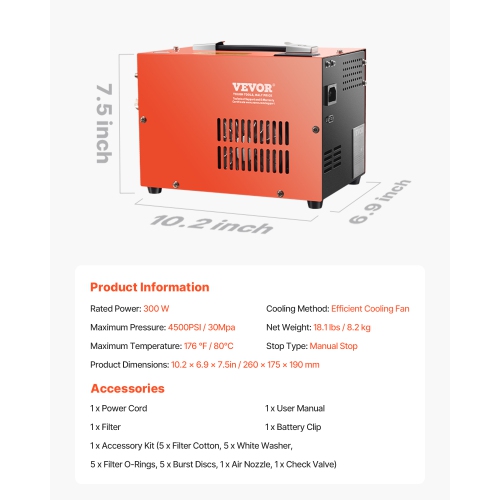 VEVOR 4500PSI/30Mpa PCP Air Compressor, Portable Compressor w/ Built-in Converter&Fan Cooling System, DC12V/AC120V Manual-Stop Air Rifle, Paintball