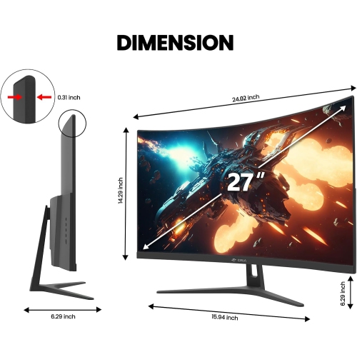 CRUA 27" 280Hz FHD Curved Gaming Monitor, 1ms, 120% sRGB, VA Panel, HDMI & DP, FreeSync, Eye Care, Wall Mountable, Tilt Adjustable, Black