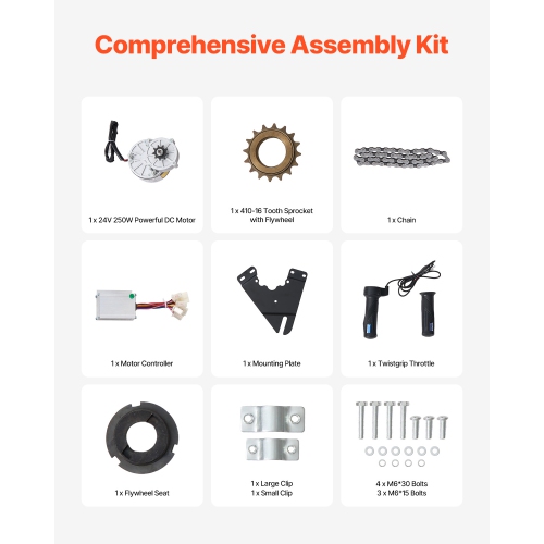VEVOR 250W Electric Powerful DC Motor Kit - 24V 2700rpm Brushed Motor with Upgraded Speed Controller, Throttle Grip Kit for Go Karts E-Bike