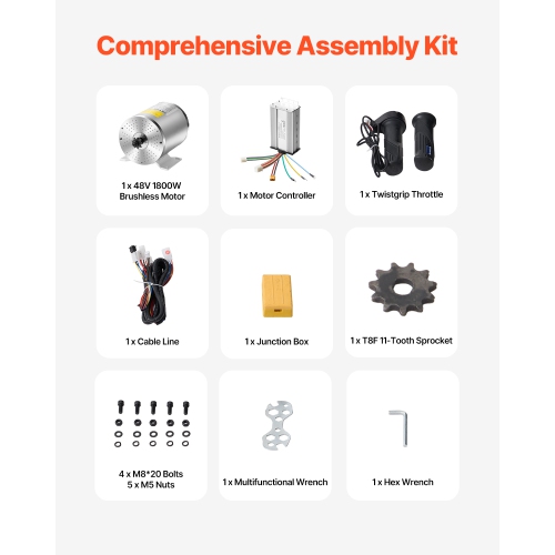 VEVOR 1800W Electric Brushless DC Motor Kit - 48V 4500rpm Motor with Upgraded Speed Controller, Throttle Grip Kit for Go Karts E-Bike Motorcycle